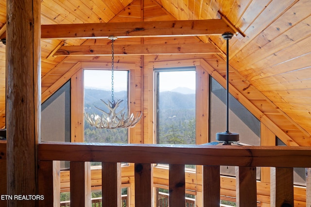 2456 Hackberry Dr, Sevierville, TN 37862 - detailed view of wood ceiling with exposed beams, a mountain backdrop, and a chandelier
