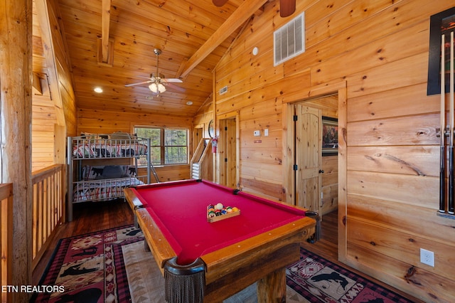 2456 Hackberry Dr, Sevierville, TN 37862 - playroom featuring wooden walls, wood finished floors, wood ceiling, billiards, and a ceiling fan