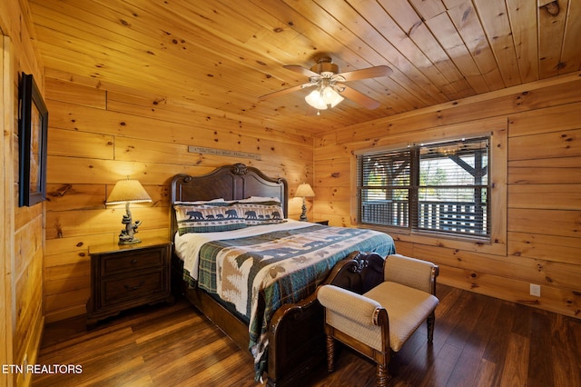 2456 Hackberry Dr, Sevierville, TN 37862 - bedroom featuring hardwood / wood-style flooring, wood walls, wooden ceiling, and ceiling fan