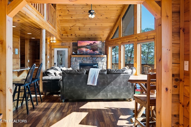 2456 Hackberry Dr, Sevierville, TN 37862 - living room with high vaulted ceiling, wood ceiling, a fireplace, dark wood-style floors, and wood walls