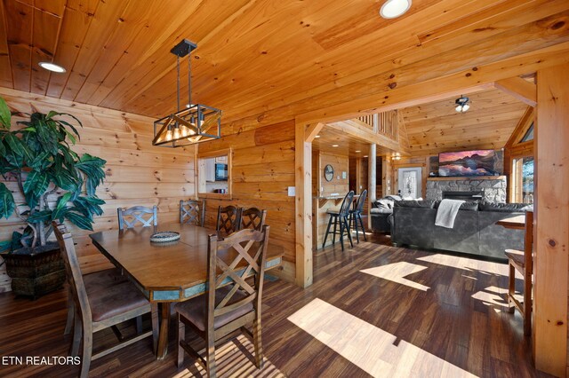 2456 Hackberry Dr, Sevierville, TN 37862 - dining room featuring wooden ceiling, a chandelier, a fireplace, wooden walls, and wood finished floors