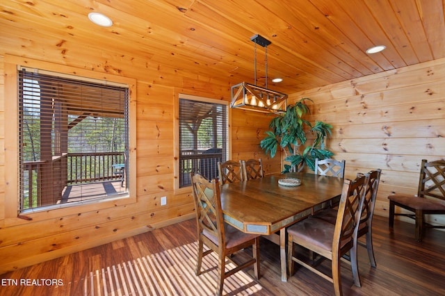 2456 Hackberry Dr, Sevierville, TN 37862 - dining room with wood finished floors, a chandelier, wood walls, recessed lighting, and wooden ceiling