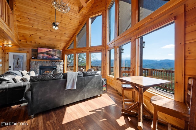 2456 Hackberry Dr, Sevierville, TN 37862 - living room with high vaulted ceiling, wood ceiling, a stone fireplace, wooden walls, and dark wood-type flooring