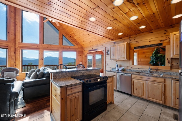 2456 Hackberry Dr, Sevierville, TN 37862 - kitchen featuring black range with electric stovetop, dishwasher, a mountain view, a sink, and wooden ceiling