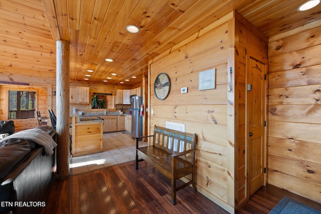 2456 Hackberry Dr, Sevierville, TN 37862 - living area featuring wooden walls, recessed lighting, light wood-style floors, and wood ceiling