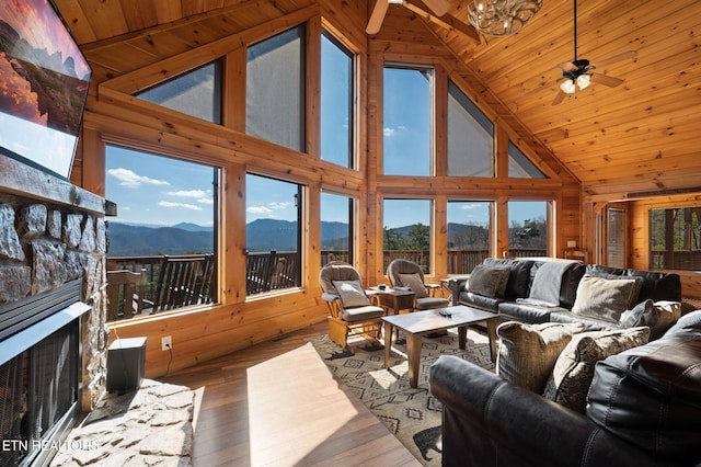 2456 Hackberry Dr, Sevierville, TN 37862 - living room with a mountain view, wooden ceiling, a fireplace, high vaulted ceiling, and hardwood / wood-style floors