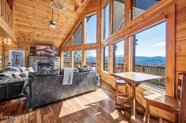 2456 Hackberry Dr, Sevierville, TN 37862 - living area with high vaulted ceiling, wooden ceiling, a stone fireplace, wooden walls, and dark wood-style flooring