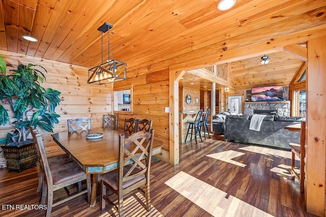2456 Hackberry Dr, Sevierville, TN 37862 - dining space with wood ceiling, wood finished floors, a chandelier, wood walls, and a stone fireplace