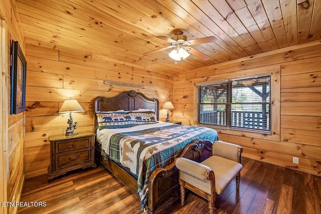 2456 Hackberry Dr, Sevierville, TN 37862 - bedroom featuring wood walls, hardwood / wood-style floors, wood ceiling, and ceiling fan