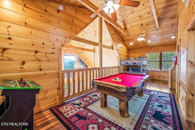 2456 Hackberry Dr, Sevierville, TN 37862 - recreation room with ceiling fan, wooden ceiling, hardwood / wood-style flooring, wood walls, and billiards