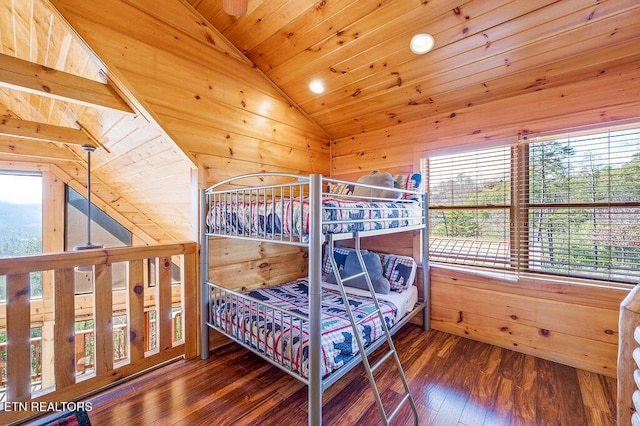 2456 Hackberry Dr, Sevierville, TN 37862 - bedroom with vaulted ceiling, wood ceiling, hardwood / wood-style flooring, and wood walls