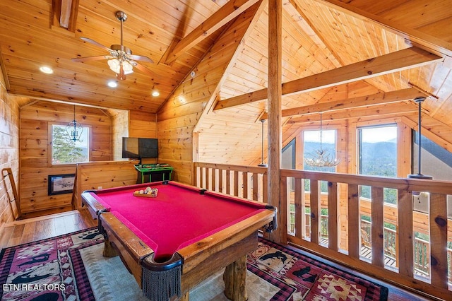 2456 Hackberry Dr, Sevierville, TN 37862 - rec room featuring wood ceiling, wooden walls, hardwood / wood-style floors, a ceiling fan, and billiards