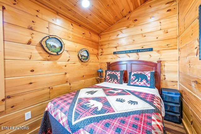 2456 Hackberry Dr, Sevierville, TN 37862 - bedroom featuring lofted ceiling, wood ceiling, wooden walls, and recessed lighting