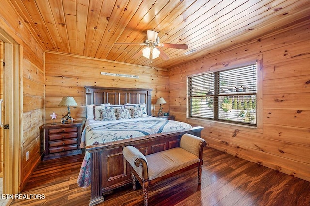 2456 Hackberry Dr, Sevierville, TN 37862 - bedroom with wood walls, dark wood-type flooring, wood ceiling, and a ceiling fan