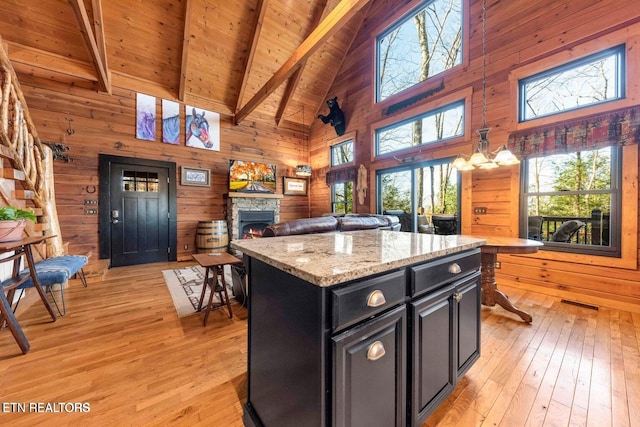 390 John J Smith Rd, Oneida, TN 37841 - kitchen with high vaulted ceiling, dark cabinets, healthy amount of natural light, wooden walls, and light wood-style flooring