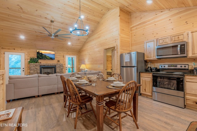 1646 Misty Hollow Way, Gatlinburg, TN 37738 - dining space with wood ceiling, high vaulted ceiling, wooden walls, light wood-type flooring, and ceiling fan
