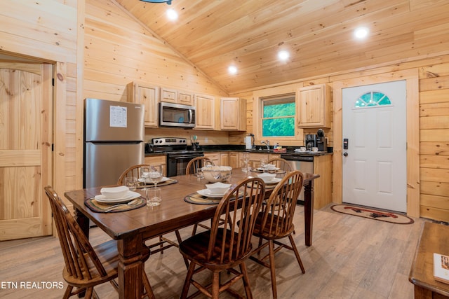 1646 Misty Hollow Way, Gatlinburg, TN 37738 - dining area featuring wooden ceiling, light wood-style flooring, recessed lighting, high vaulted ceiling, and wood walls