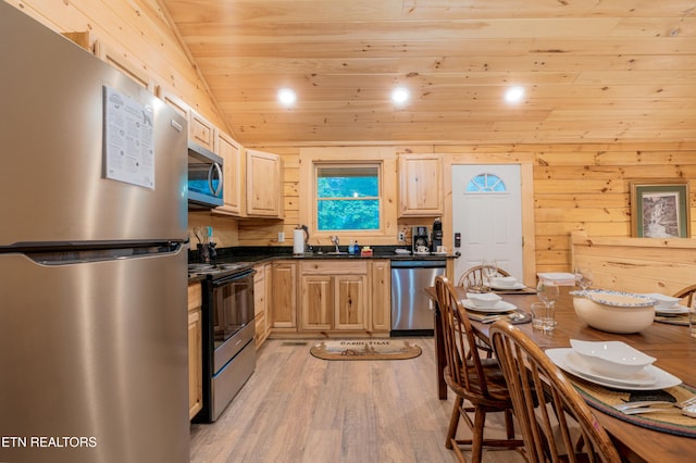 1646 Misty Hollow Way, Gatlinburg, TN 37738 - kitchen with appliances with stainless steel finishes, wood ceiling, light brown cabinetry, dark countertops, and light wood-style flooring