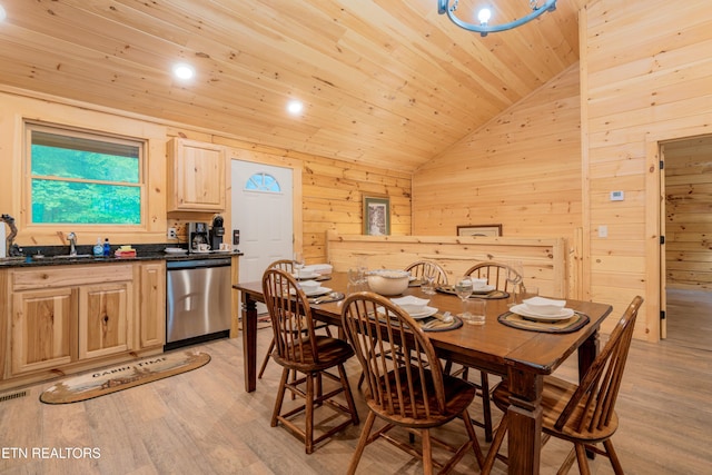 1646 Misty Hollow Way, Gatlinburg, TN 37738 - dining space featuring light wood-style floors, wooden ceiling, wooden walls, recessed lighting, and bar with sink