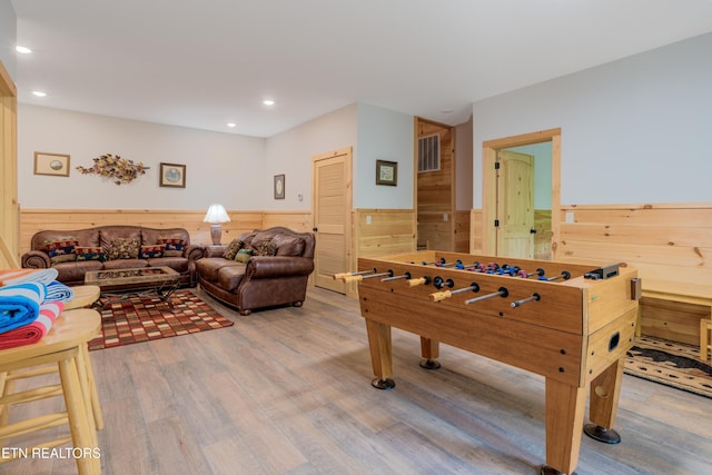 1646 Misty Hollow Way, Gatlinburg, TN 37738 - recreation room with wainscoting, wood finished floors, wood walls, and recessed lighting