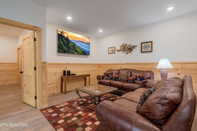 1646 Misty Hollow Way, Gatlinburg, TN 37738 - living area featuring light wood-style floors, a wainscoted wall, wooden walls, and recessed lighting