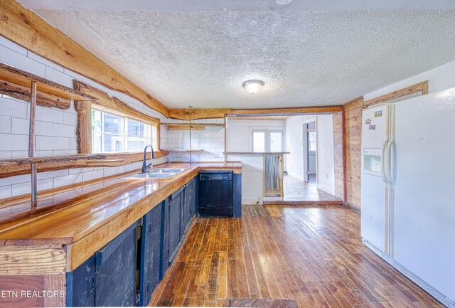 7250 Rutledge Pike, Knoxville, TN 37924 - kitchen with white fridge with ice dispenser, blue cabinetry, a sink, black dishwasher, and dark wood-type flooring