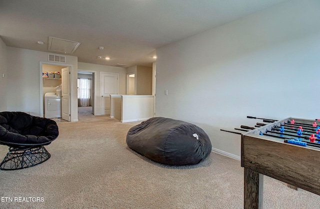 812 Greene Meadow Dr, Talbott, TN 37877 - game room featuring attic access, washer / clothes dryer, carpet, baseboards, and recessed lighting