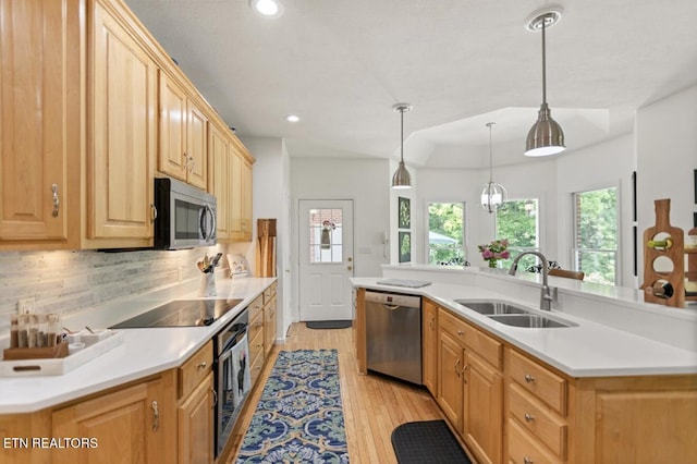4151 Cave Springs Rd, Tazewell, TN 37879 - kitchen featuring appliances with stainless steel finishes, a sink, recessed lighting, light wood-style flooring, and decorative backsplash