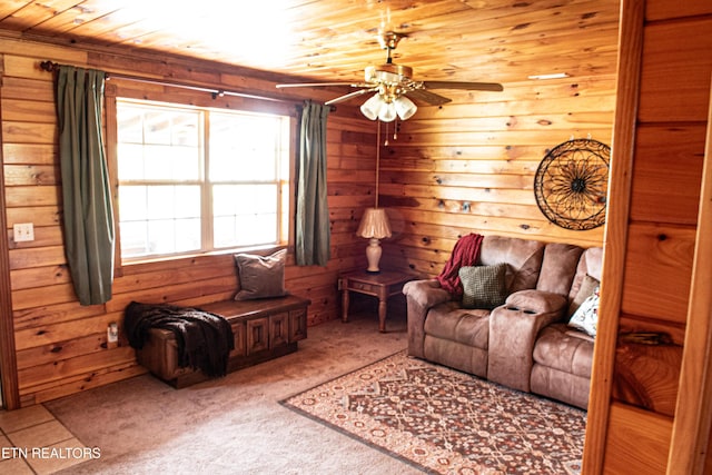 2277 Old Wolf River Rd, Jamestown, TN 38556 - carpeted living area featuring a ceiling fan, wooden ceiling, and wood walls