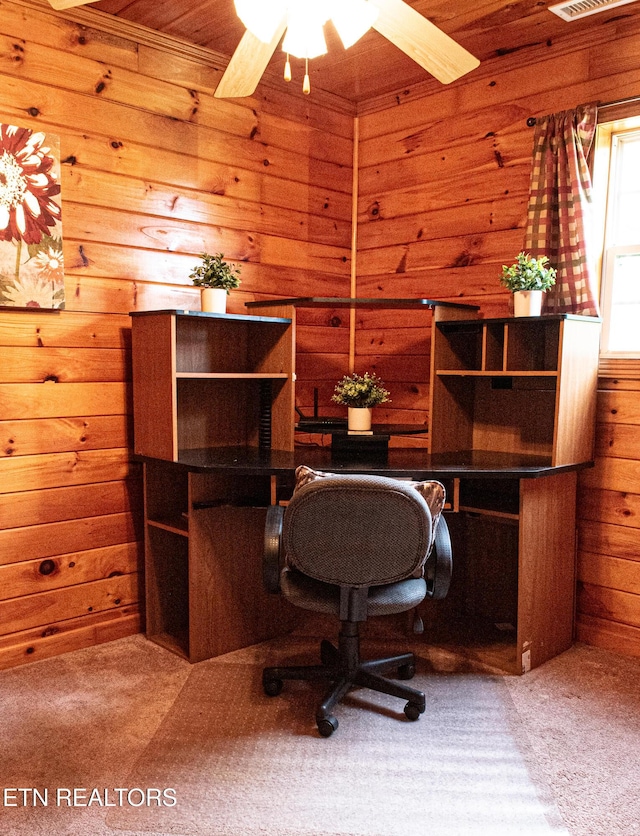 2277 Old Wolf River Rd, Jamestown, TN 38556 - carpeted office space featuring wooden walls and a ceiling fan