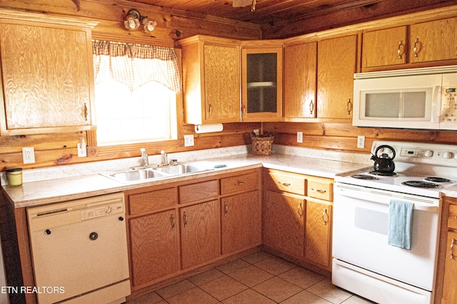 2277 Old Wolf River Rd, Jamestown, TN 38556 - kitchen featuring white appliances, light countertops, light tile patterned flooring, glass insert cabinets, and wood ceiling