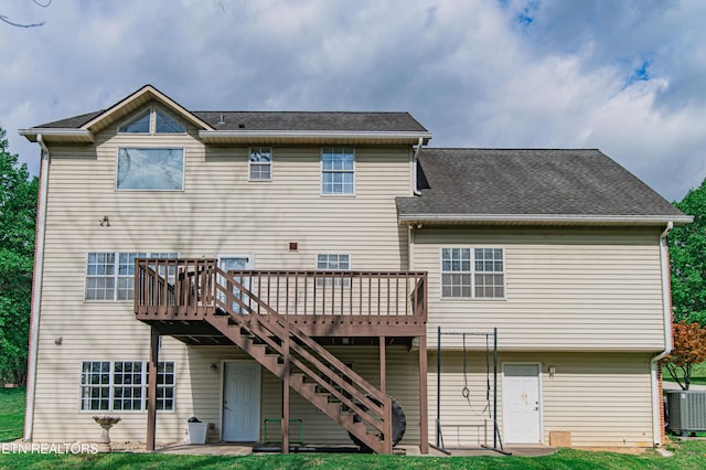 117 Maltese Ln, Oak Ridge, TN 37830 - rear view of house with a deck, cooling unit, stairs, a shingled roof, and a yard