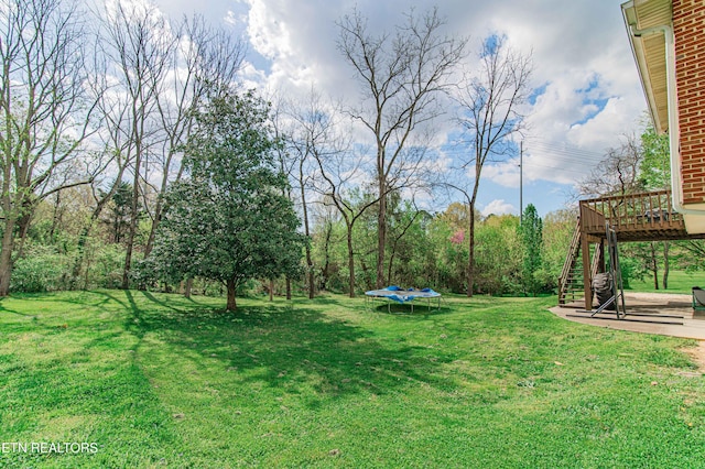 117 Maltese Ln, Oak Ridge, TN 37830 - view of green lawn with a trampoline, stairs, and a deck
