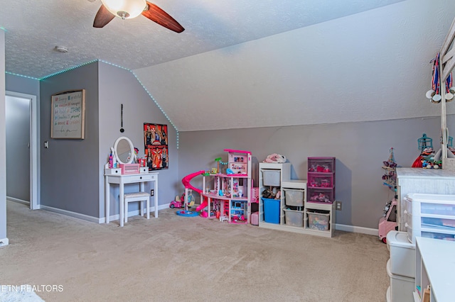 117 Maltese Ln, Oak Ridge, TN 37830 - rec room featuring carpet, vaulted ceiling, a textured ceiling, ceiling fan, and baseboards