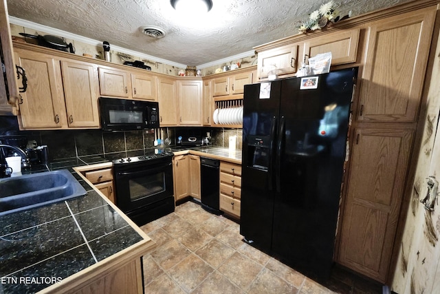 2645 Mountain View Dr, Morristown, TN 37814 - kitchen with black appliances, a sink, light brown cabinetry, backsplash, and crown molding