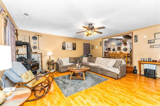 1069 Bryan View Rd, Sevierville, TN 37862 - living area featuring a wood stove, a ceiling fan, wood finished floors, and ornamental molding
