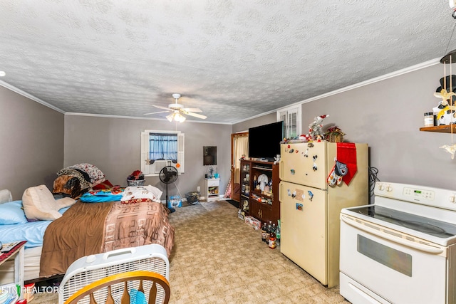 1069 Bryan View Rd, Sevierville, TN 37862 - bedroom featuring freestanding refrigerator, ceiling fan, light colored carpet, cooling unit, and ornamental molding