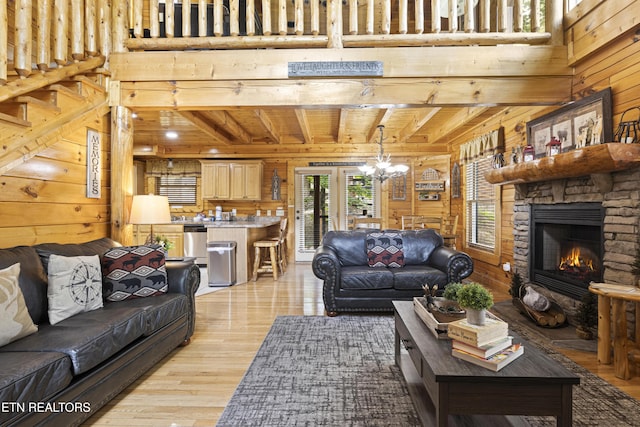 1665 Mountain Lodge Way, Pigeon Forge, TN 37862 - living area featuring wooden walls, light wood finished floors, a fireplace, wooden ceiling with exposed beams, and a chandelier