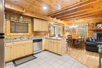 1665 Mountain Lodge Way, Pigeon Forge, TN 37862 - kitchen featuring dishwasher, wooden ceiling, light tile patterned floors, a peninsula, and light countertops