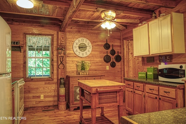 147 Akers Chapel, Jamestown, TN 38556 - kitchen with white appliances, wood ceiling with exposed beams, wood walls, wood finished floors, and ceiling fan