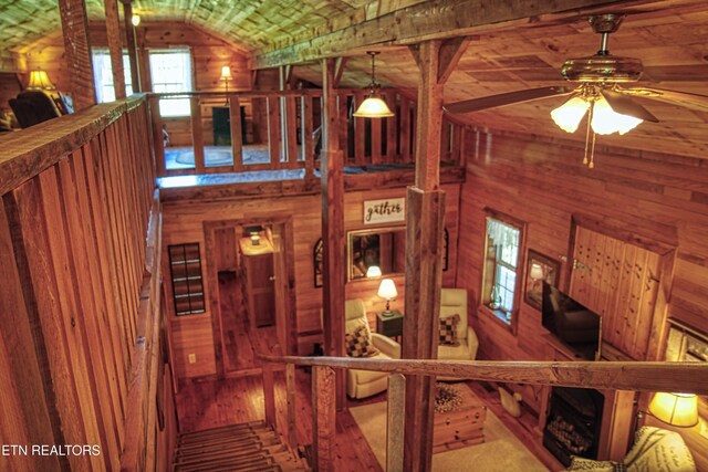147 Akers Chapel, Jamestown, TN 38556 - stairs featuring wooden walls, ceiling fan, and high vaulted ceiling