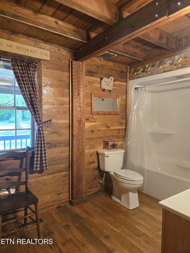 147 Akers Chapel, Jamestown, TN 38556 - bathroom with wood walls, toilet, hardwood / wood-style flooring, wood ceiling with exposed beams, and vanity