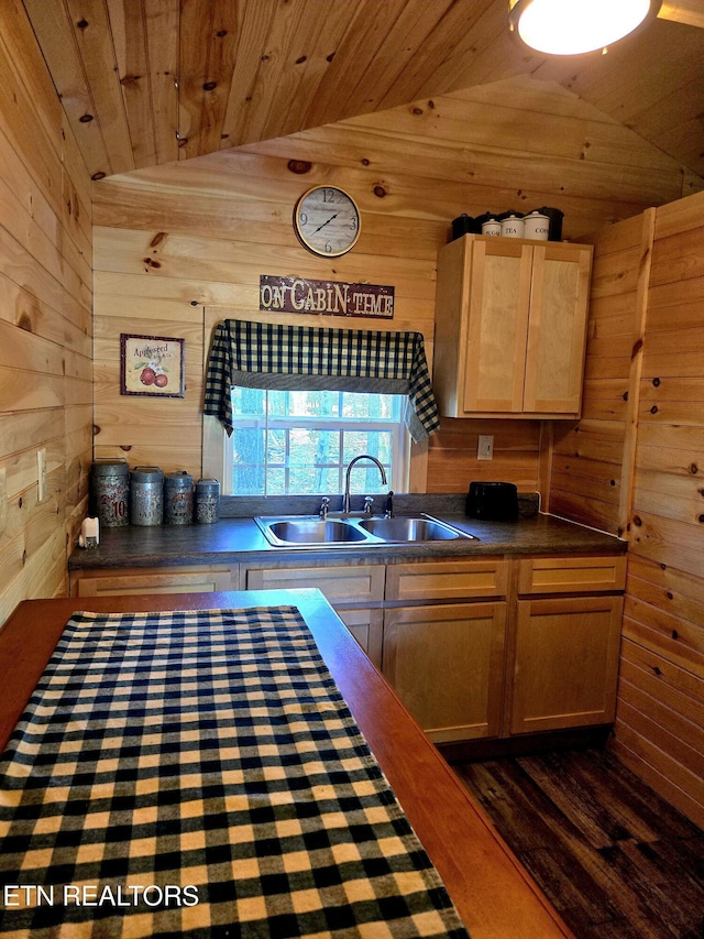 147 Akers Chapel, Jamestown, TN 38556 - kitchen featuring lofted ceiling, a sink, wood walls, wooden ceiling, and dark countertops
