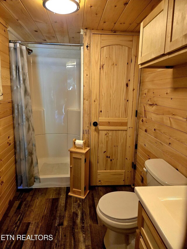 147 Akers Chapel, Jamestown, TN 38556 - full bathroom with wood finished floors, toilet, a stall shower, wood ceiling, and vanity