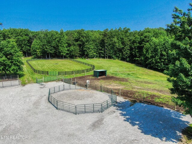 147 Akers Chapel, Jamestown, TN 38556 - view of patio with a rural view, an exterior structure, an enclosed riding area, and an outbuilding