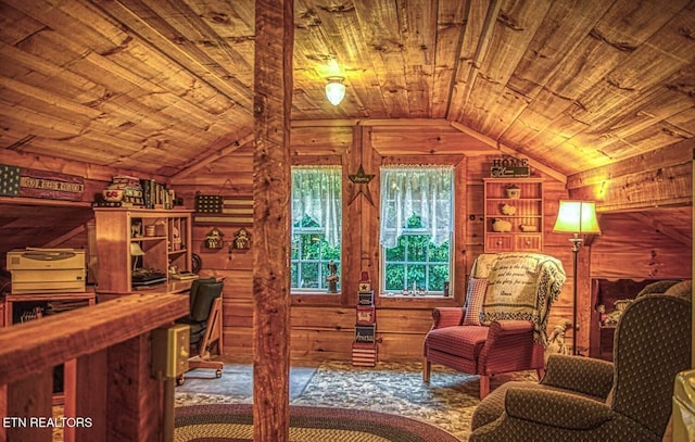 147 Akers Chapel, Jamestown, TN 38556 - living area featuring wooden ceiling, wood walls, vaulted ceiling, and an office area
