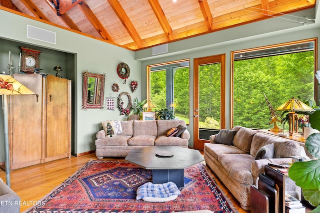 1139 Reagan Valley Rd, Tellico Plains, TN 37385 - living area featuring a wooden ceiling with exposed beams, wood finished floors, and high vaulted ceiling