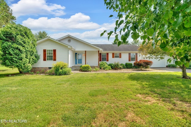 1647 Sams Dr, Dandridge, TN 37725 - single story home featuring concrete driveway, a front yard, an attached garage, a porch, and crawl space