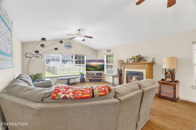 1647 Sams Dr, Dandridge, TN 37725 - living area featuring ceiling fan, light wood-type flooring, lofted ceiling, and a glass covered fireplace
