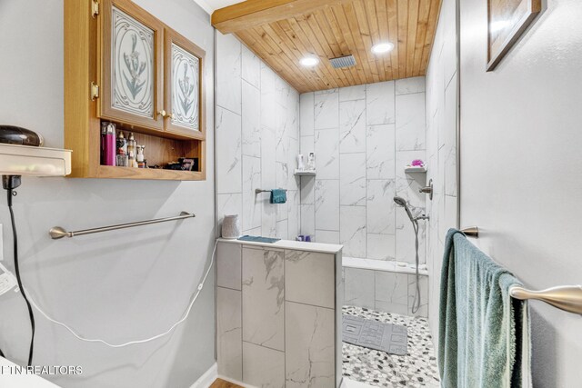 1647 Sams Dr, Dandridge, TN 37725 - full bath with a marble finish shower, wooden ceiling, and recessed lighting